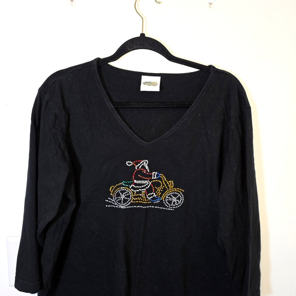 Vintage Women’s Christmas Tree Black W/Studded Santa Motorcycle Sz XL